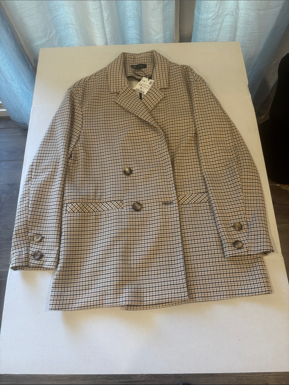 Zara Beige and Black Checked Double-Breasted Blazer
